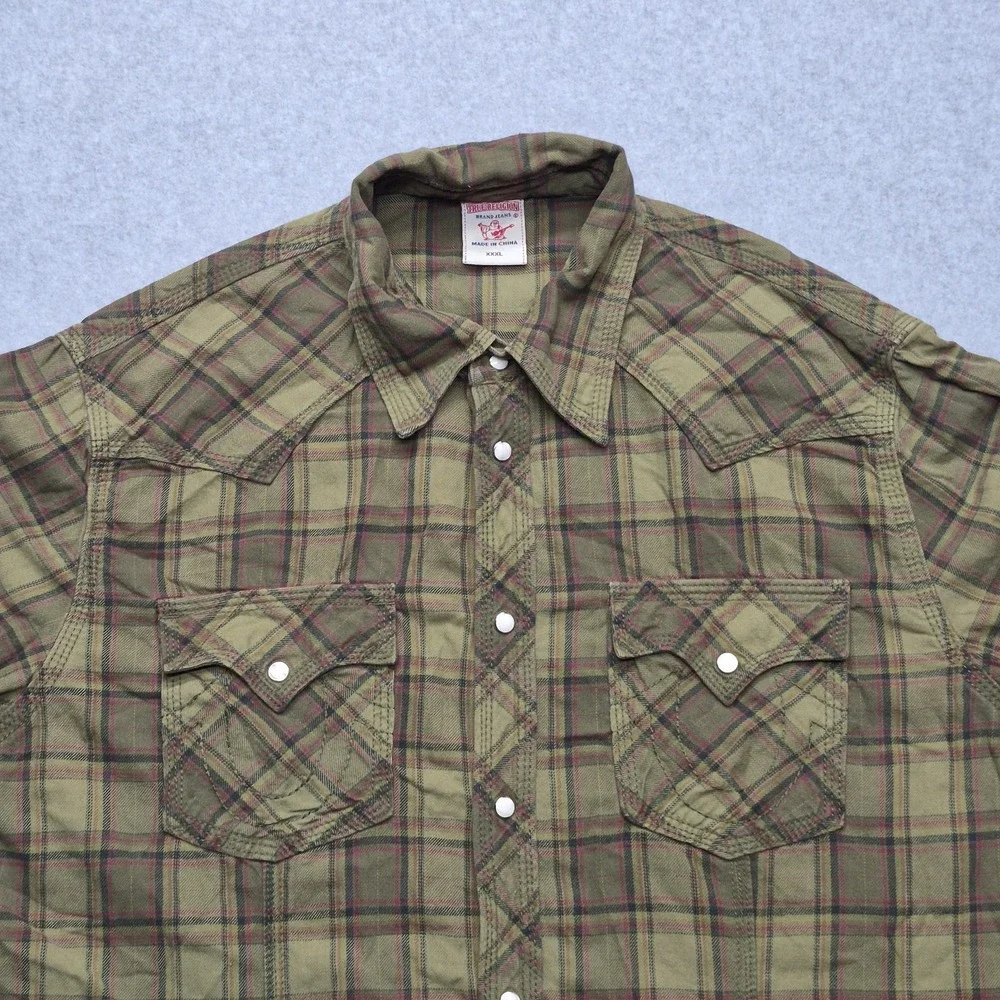 True Religion Shirt Mens 3XL Olive Green Western Pearl Snap Plaid Long Sleeve